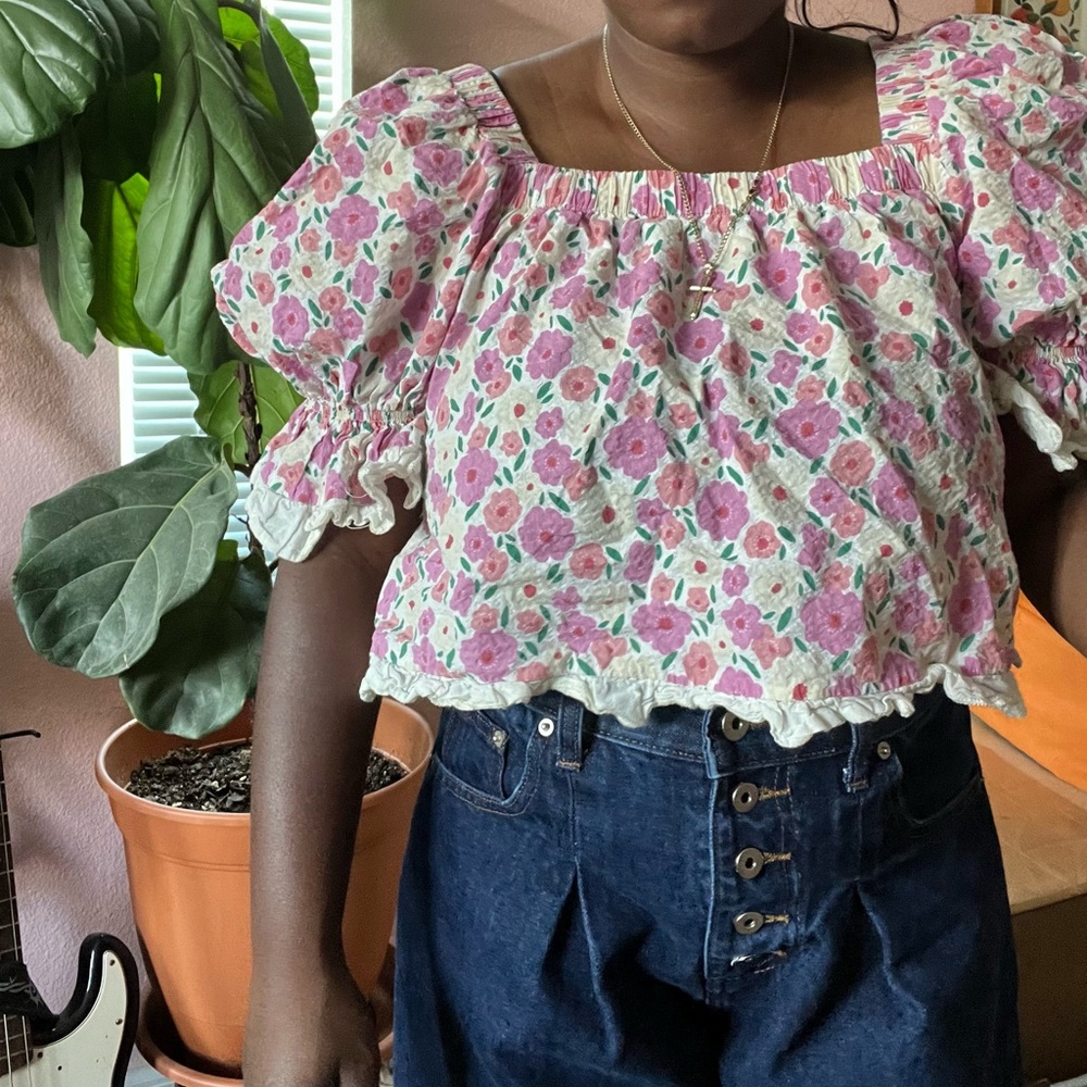ASOS Pink and Green Puff Sleeve Ruffled Blouse